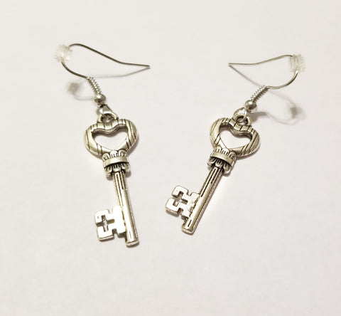 Silver heart key earrings