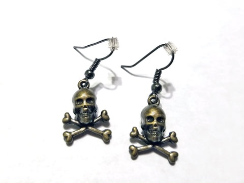 bronze jolly roger antiqued fishhook earrings