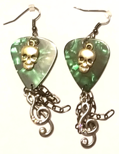 Green Guitar Pick With Skulls Earrings