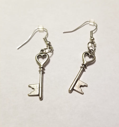 small heart shaped silver key earrings